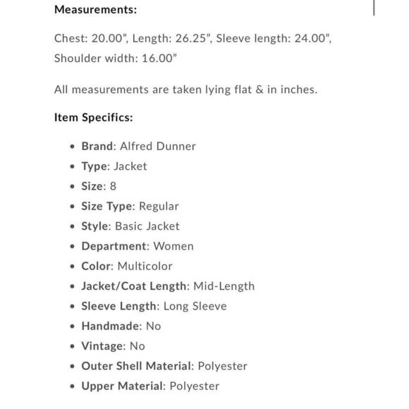 NWT Alfred Dunner Multicolor Plaid Button Front Collared Jacket Size 8 - Picture 3 of 3